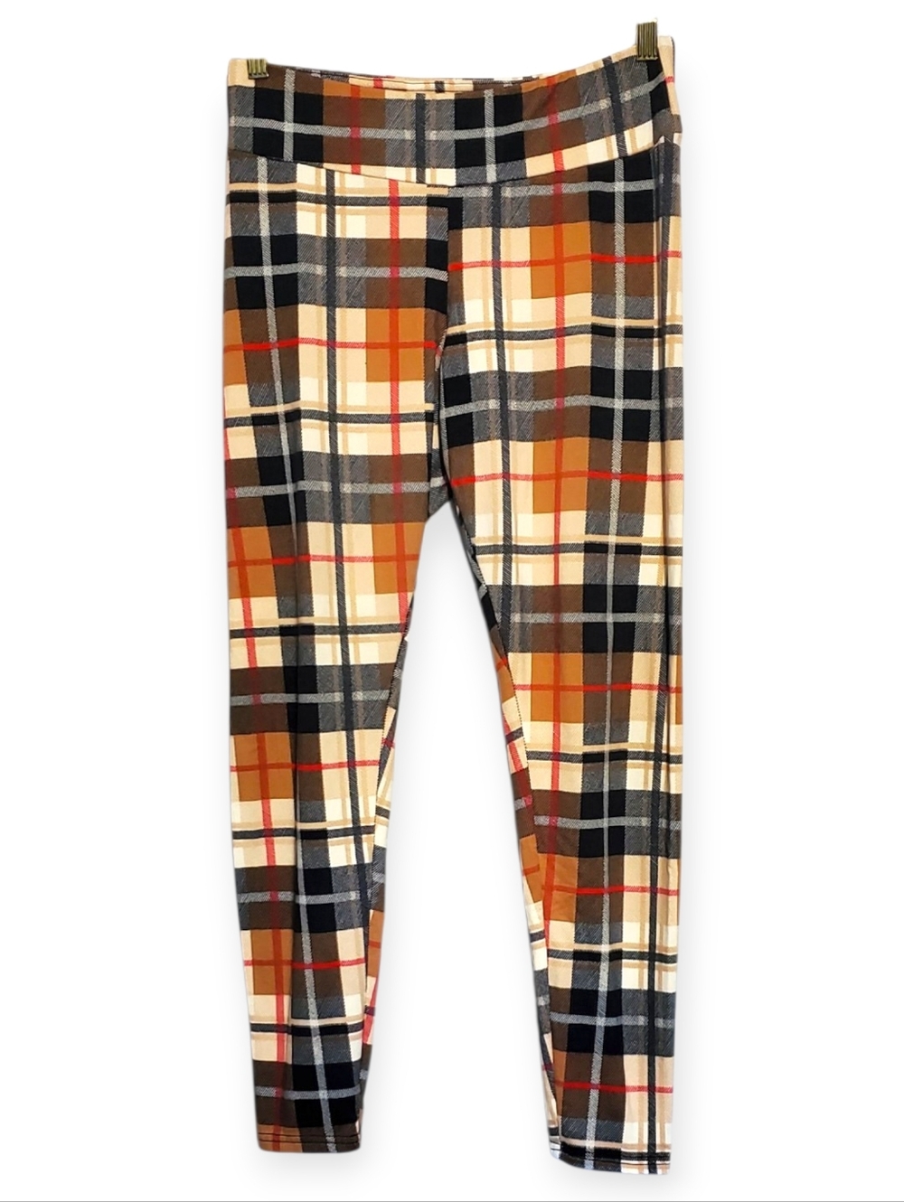 One Step Ahead Cream, Tan, Black & Orange Plaid Kids Leggings